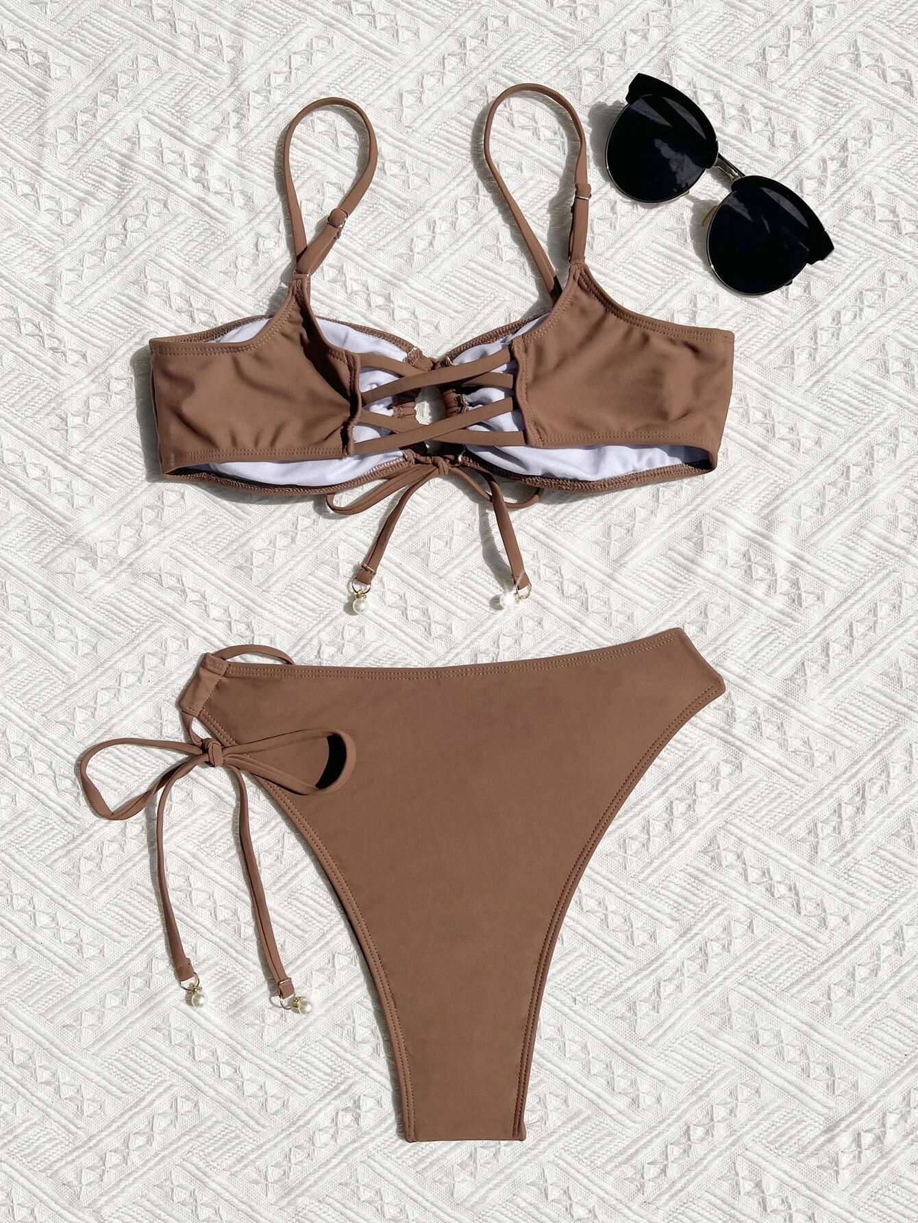 Dongdumaoyi New Pleate Drawstring High Waist Bikini Set Women Sexy Coffee Ring Linke Push Up Micro Swimsuit Beach Bathing Suit Swimwear