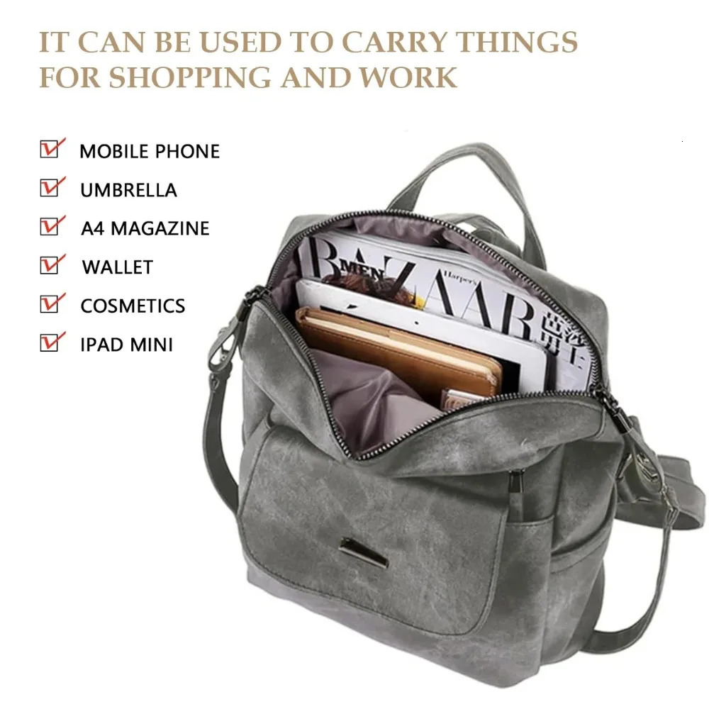 PU leather backpack wallet womens casual handbag womens shoulder bag gray 250402