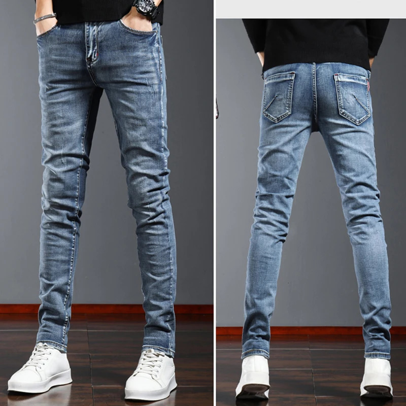 Korean denim jeans ultrathin fashionable and casual elastic mens pants small feet highquality 250401