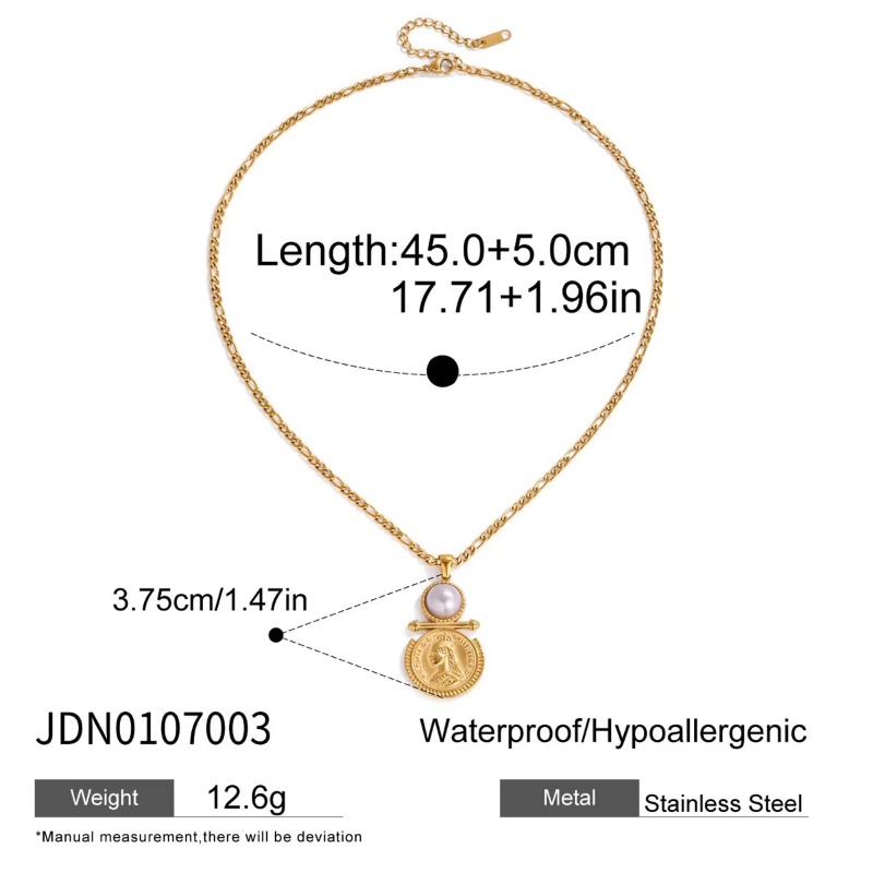 18K PVD Gold Plating Waterproof Aniti Tarnish Delicate Figro Pearl Coin Portrait Pendant Necklace
