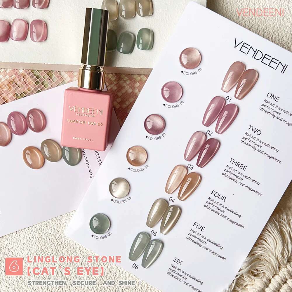 Vendeeni 6 Colors Magnetic Nail Polish Set Pink UV LED Soak Off Varnish Crystal Cat Eye Gel Lacquer With Display