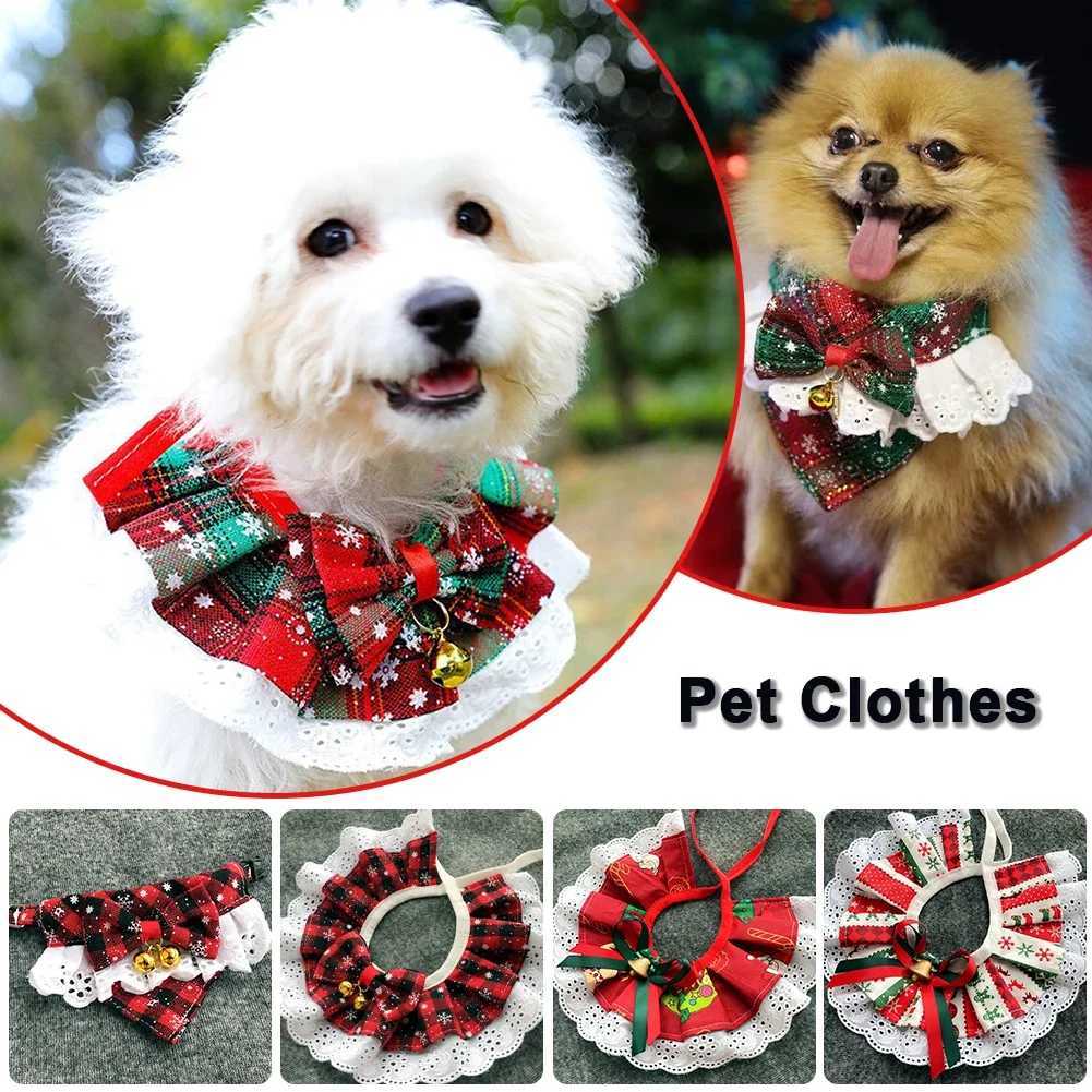 Christmas pet bow bib collar scarf plain weave bow lace Saliva towel with bell pendant suitable for dog and cat collars necklace beauty accessories M2