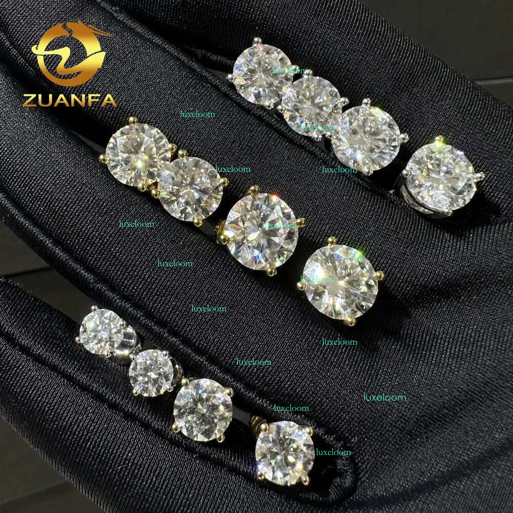 Gold Plated DVVS Moissanite earrings Screw Back Round cut 4 Prong Stud Earrings Sier Hip hop Earring for men and women