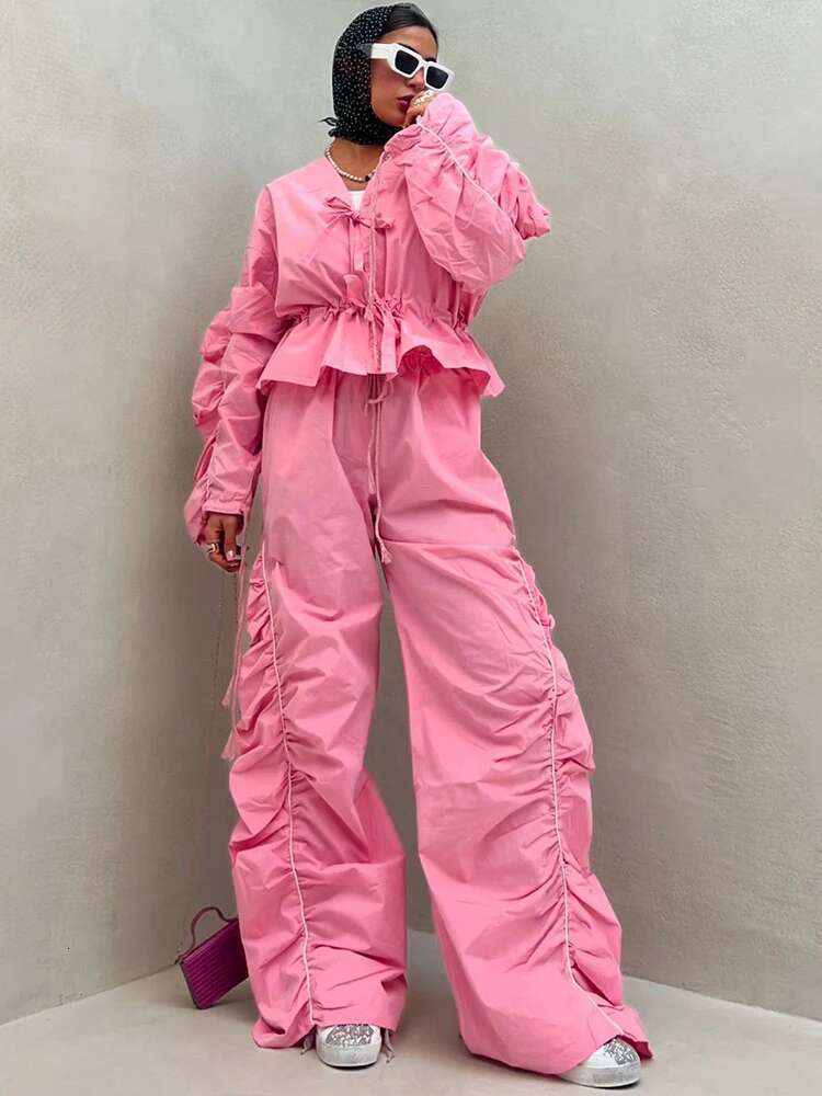 Kliou Shirring Matching 2 Piece Set Women Casual Tracksuits New Ruffle Bandage Tops+Elastic Oversized Pants Female Activewear