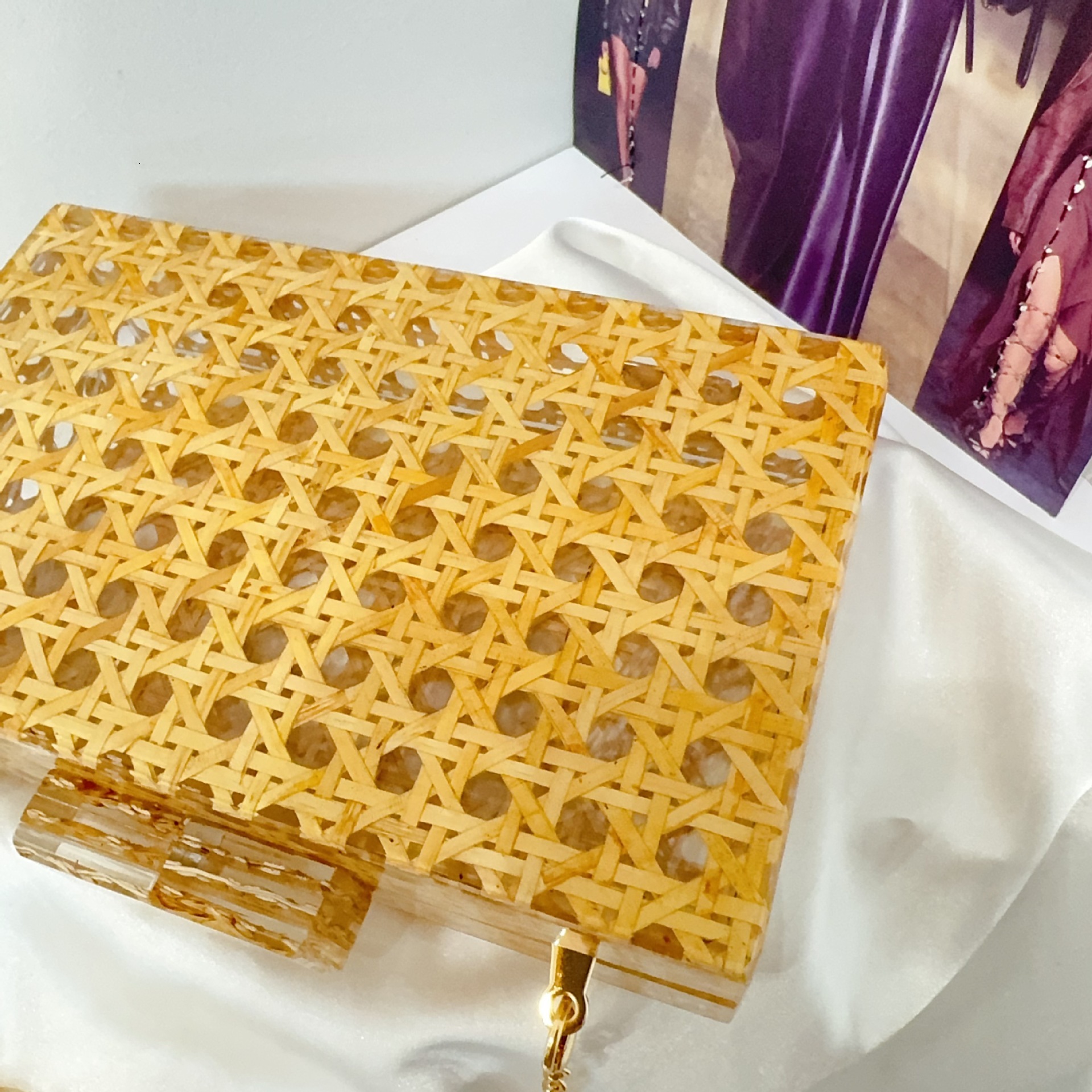 Women Rattan Acrylic Box Cane Evening Clutch Wedding Party Purses Summer Wicker Handbags Designer High Quality Woman's Bag