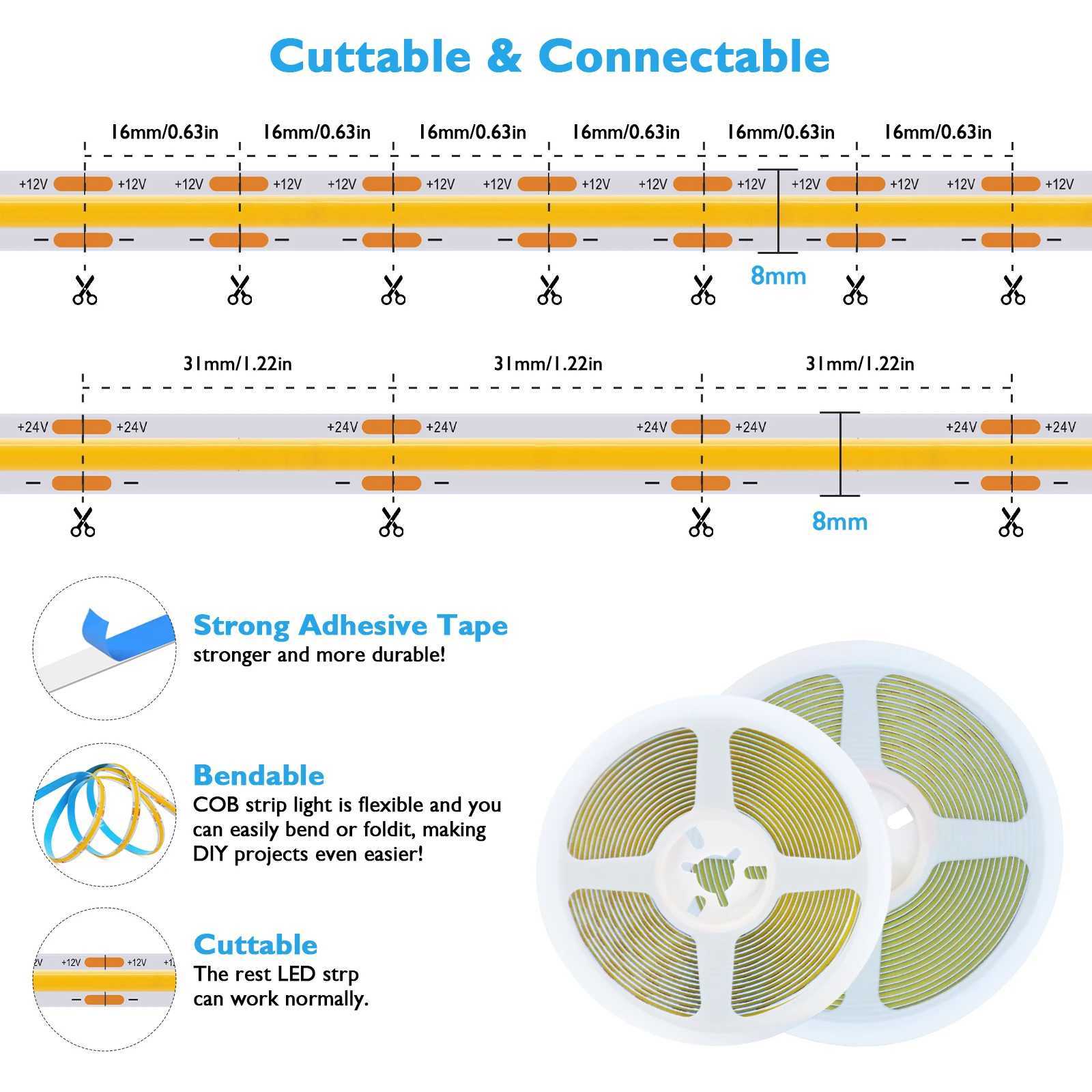 DC12 24V COB LED Strip Light 528Leds/m Flexible Tape Ribbon High Density Linear Lighting 3000-6500K RA90 Led Lights Room Decor W251107