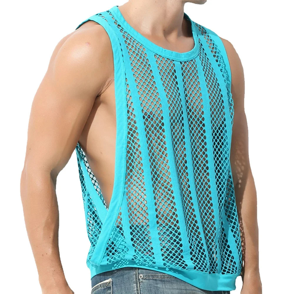 Elastic plus mesh top mens casual hollow sexy vest street clothing mens muscle tank top gym clothing 250403