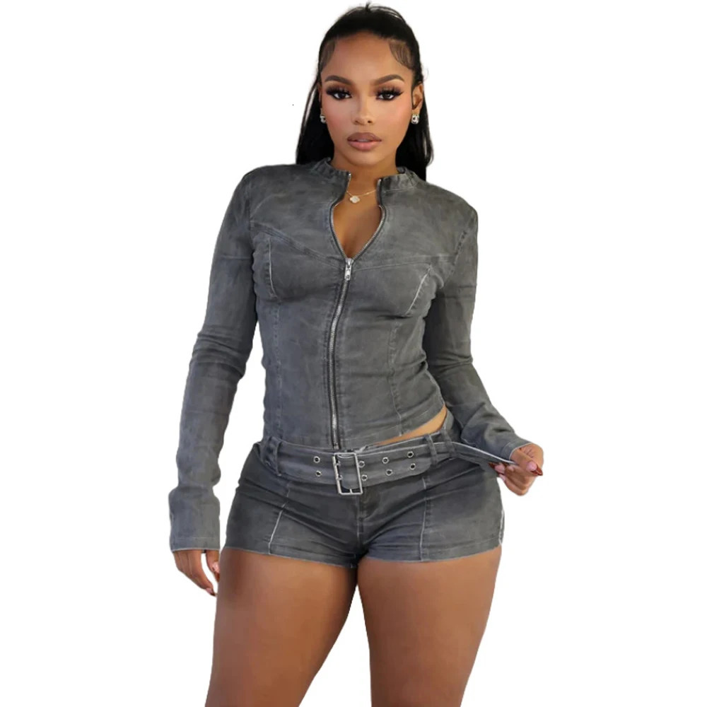 Sexy denim womens 2-piece elastic long sleeved zipper slim fit jacket and shorts set Y2k streetwear with jeans set 250402