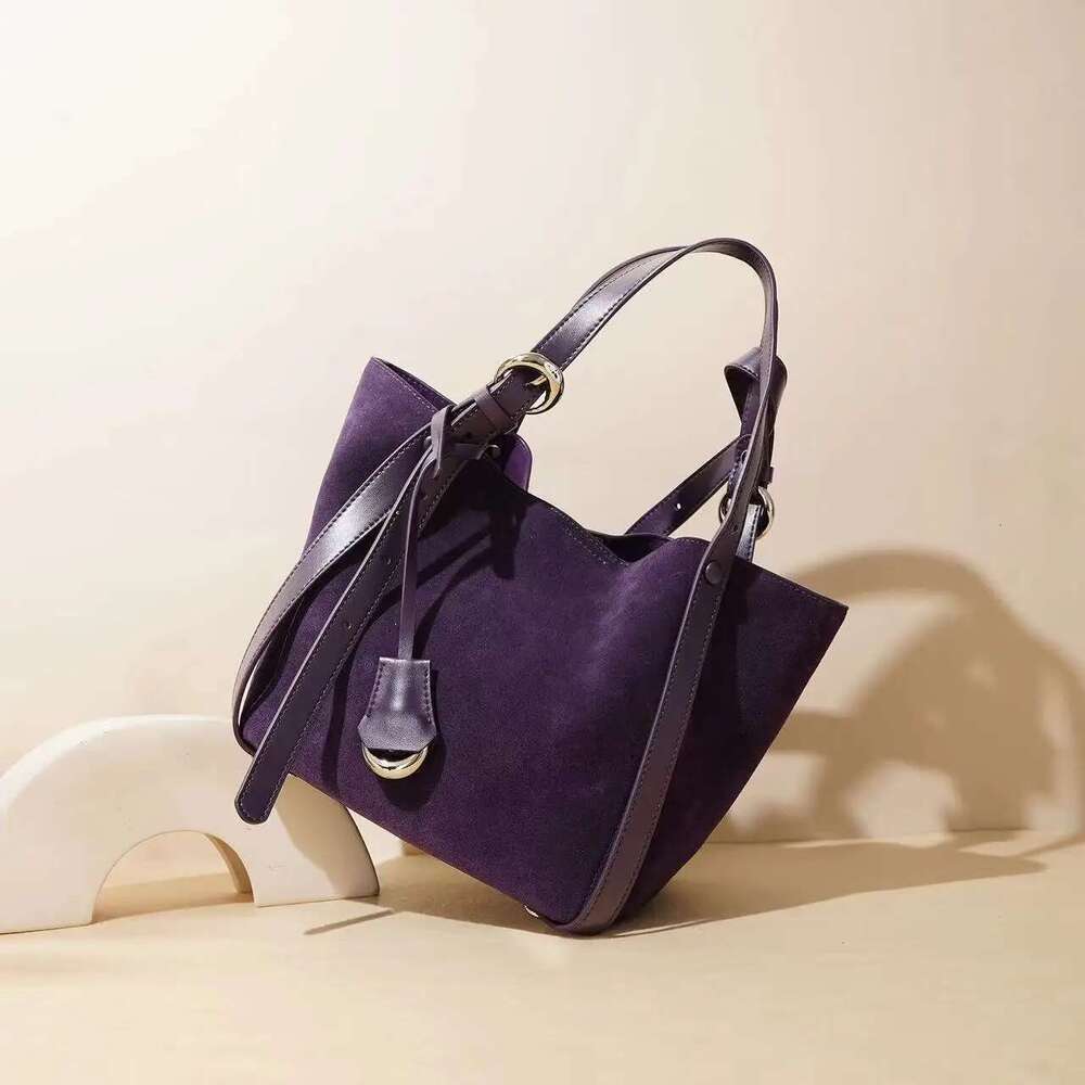 Cowhide Leather Women Tote Large Capacity Senior Vegetable Basket Bucket Bag Suede Single Shoulder Crossbody Pack