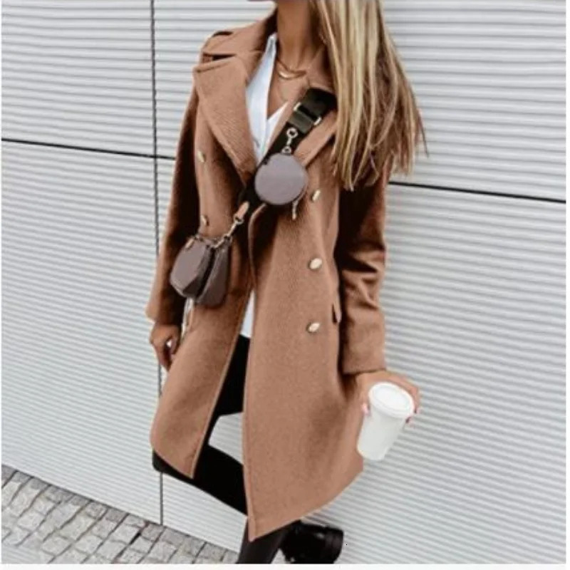 Woolen Women Jackets Elegant Solid Trench Lapel Turndown Collar Womens Jacket DoubleBreasted Overcoat For Autumn Winter 251030