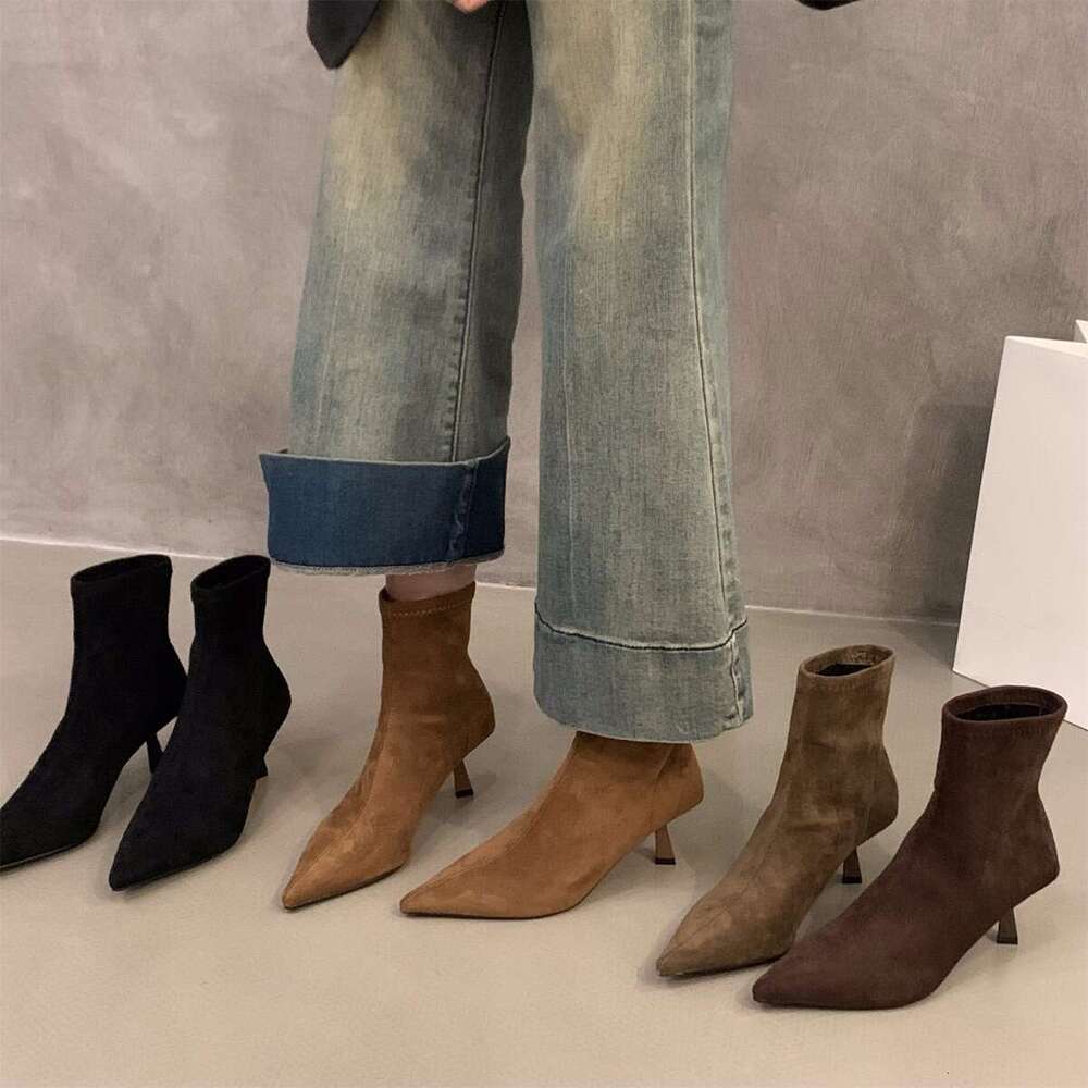 High Heel Free shipping Pointed Toe Brown Suede Slim Short Women's Shoes 2025 New Autumn Winter Fleece-Lined French Style Ankle Boots