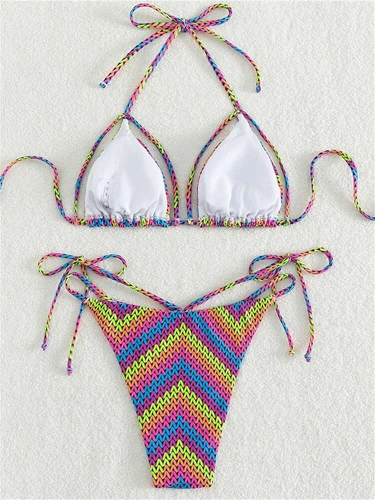 Dongdumaoyi Sexy Neon Contrast Stripe Bikini Women Cut Out Push Up Criss Cross Swimsuit Summer Bathing Suit Tie Side Triangle Swimwear
