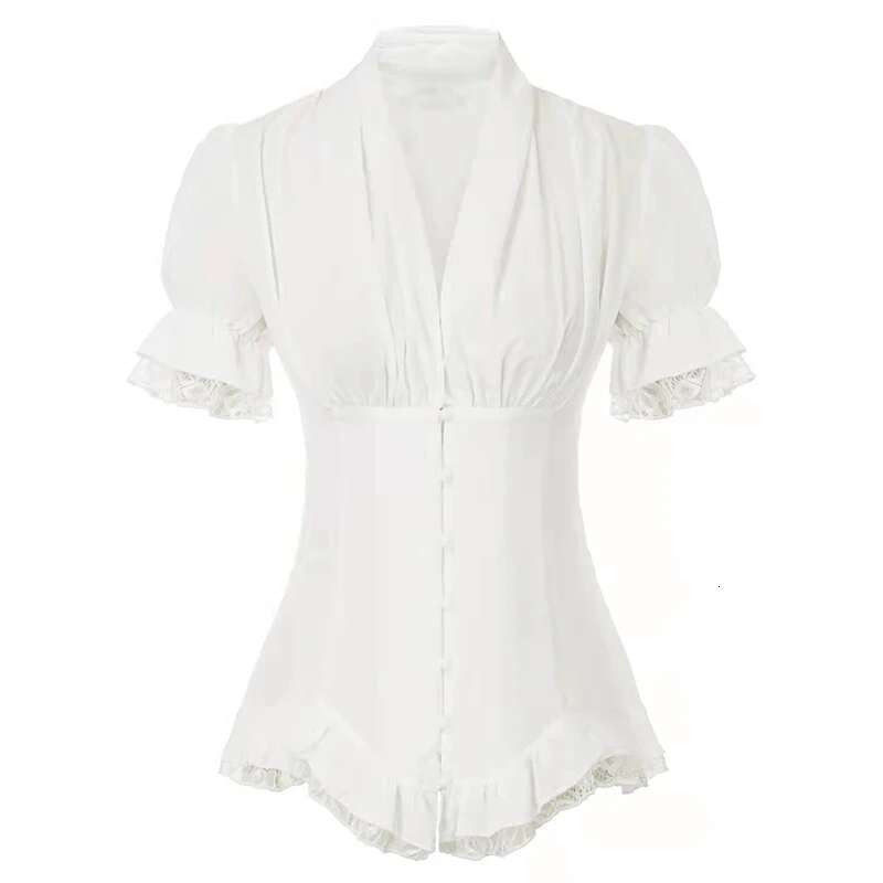 Vintage Victorian Blouse For Women Short Sleeve V Neck Lace Chiffon Slim Corset Shirt Tops