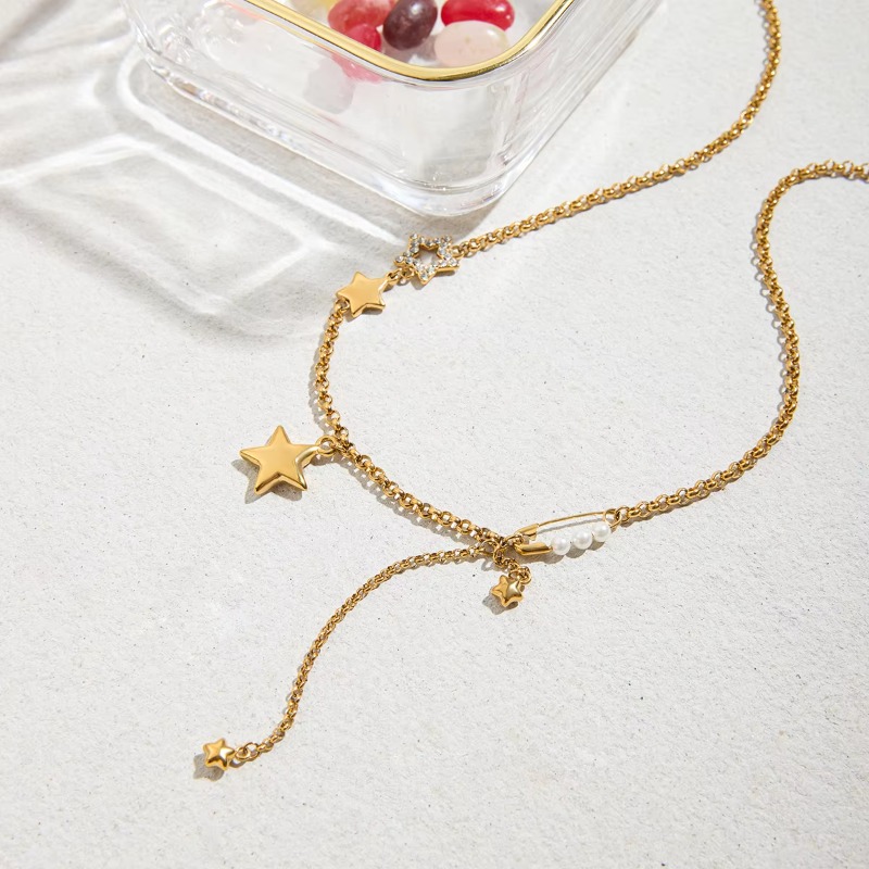 Jewellery 18K Gold Plated Stainless Steel Romantic Rhinestone Acrylic Pearl Hollow Star Pendant Necklace for Special Occasions Gift Textured Elegant A