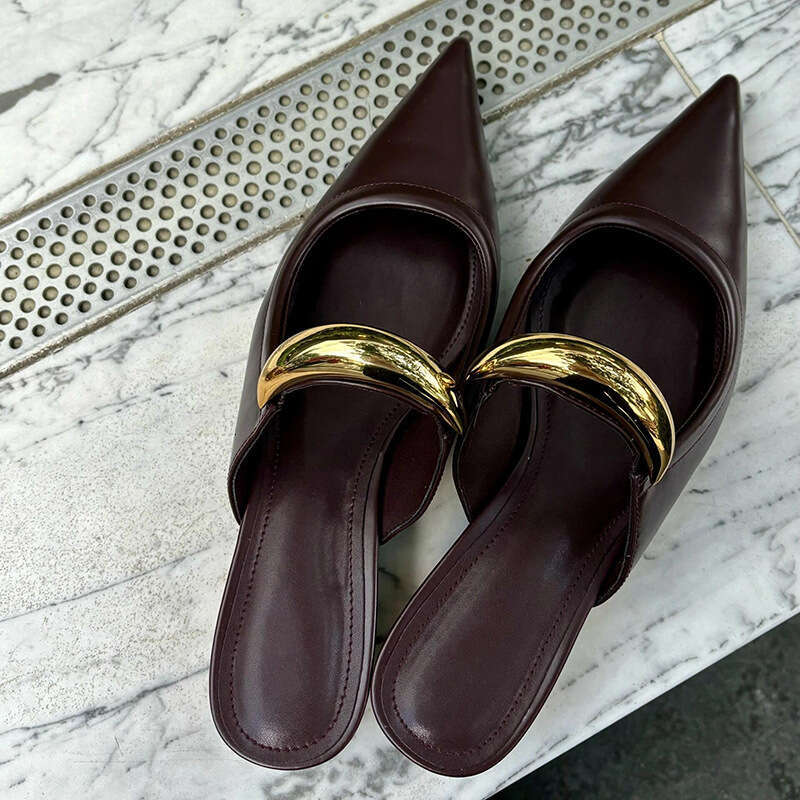 Minimalist Pointed Mules For Women, French Style, Chunky Mid Heel, Half Slippers, Metal Capped Toe, Open Free shipping Toe Sandals