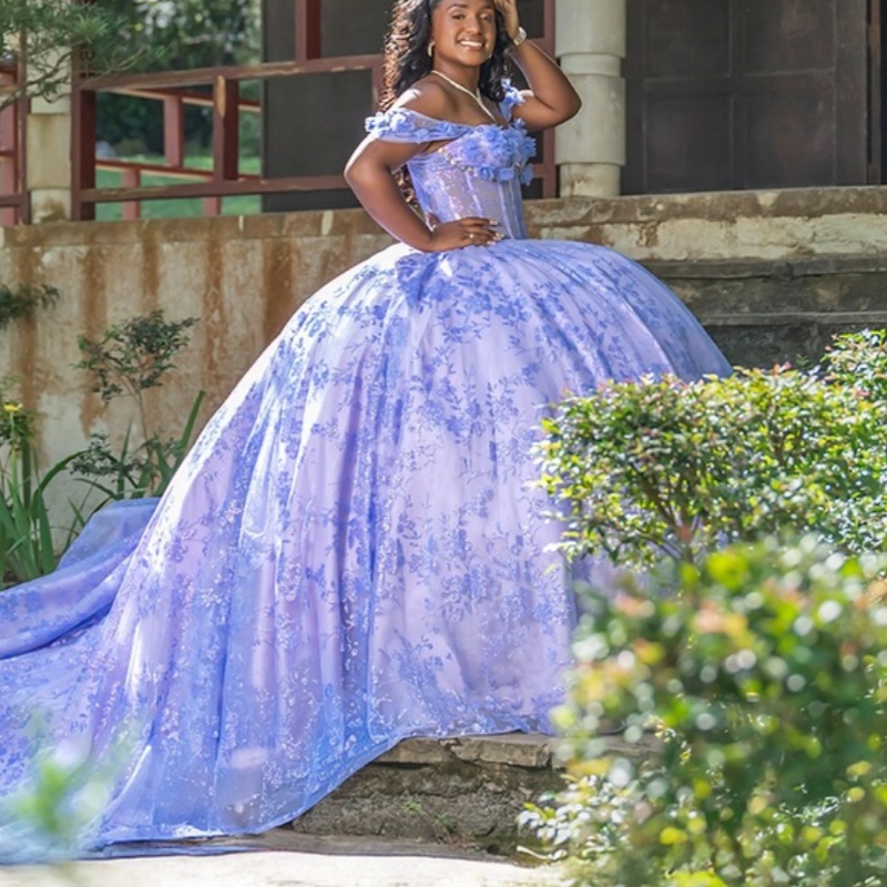 Lavender Shiny Princess Quinceanera Dresses Off Shoulder Sequin Appliqued Lace Beads Tull Sweet 16 Dress Ball Gown Vestidos De XV 15