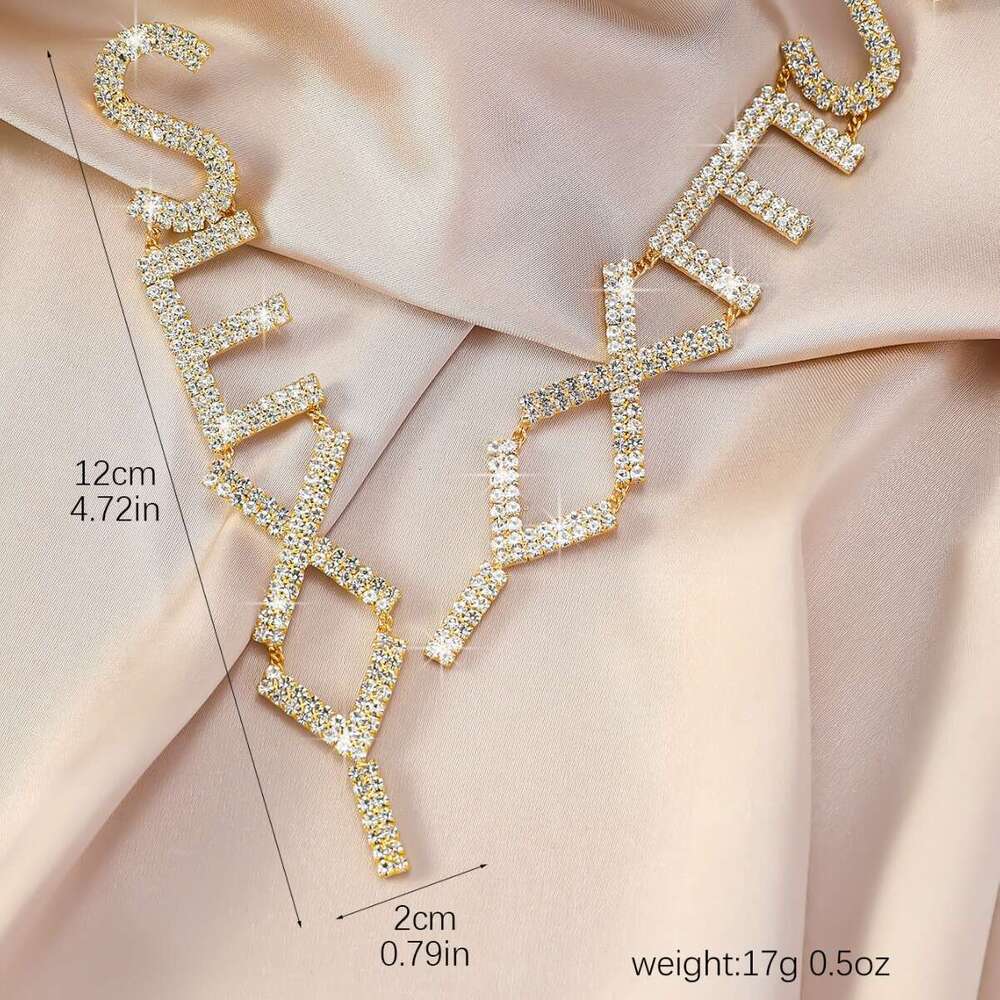 Earrings, fashionable geometric letter earrings, shiny long chain, high-end rhie earrings
