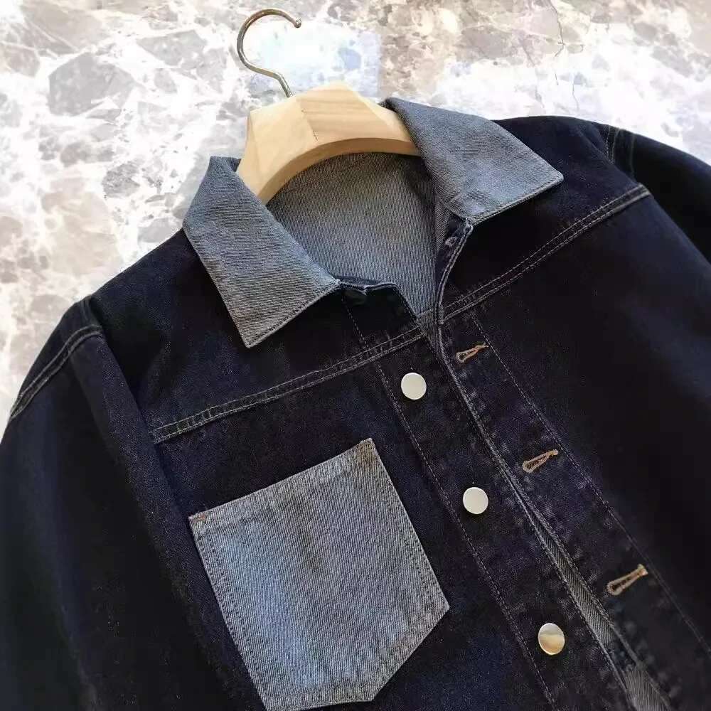 2024 New Style Women's Color Block Denim Jacket Loose Fit Casual Vintage Shirt Long Sleeve Deep Blue Outerwear Lapel