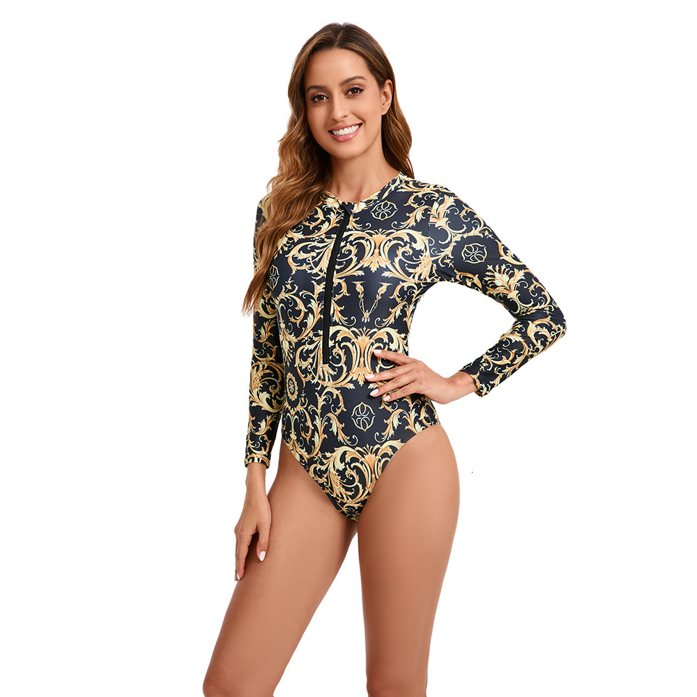 Fashion digital printed long sleeved zipper jumpsuit tight triangle pants conservative small fresh swimsuit for women