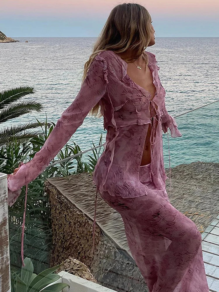 Sexy Chiffon Elegant V Neck Printed Beach Cardigan Shirt Long Maxi Skirt Women Two Piece Set Bandage Ruffles Thin Matching Suit 250313