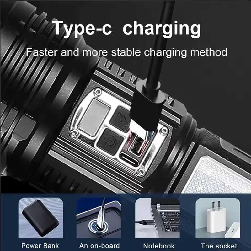 High Power Flashlight Super Big Flashlight Rechargeable Most Strong LED Flash Light Long Range Torch Outdoor Built in BatteryW251106