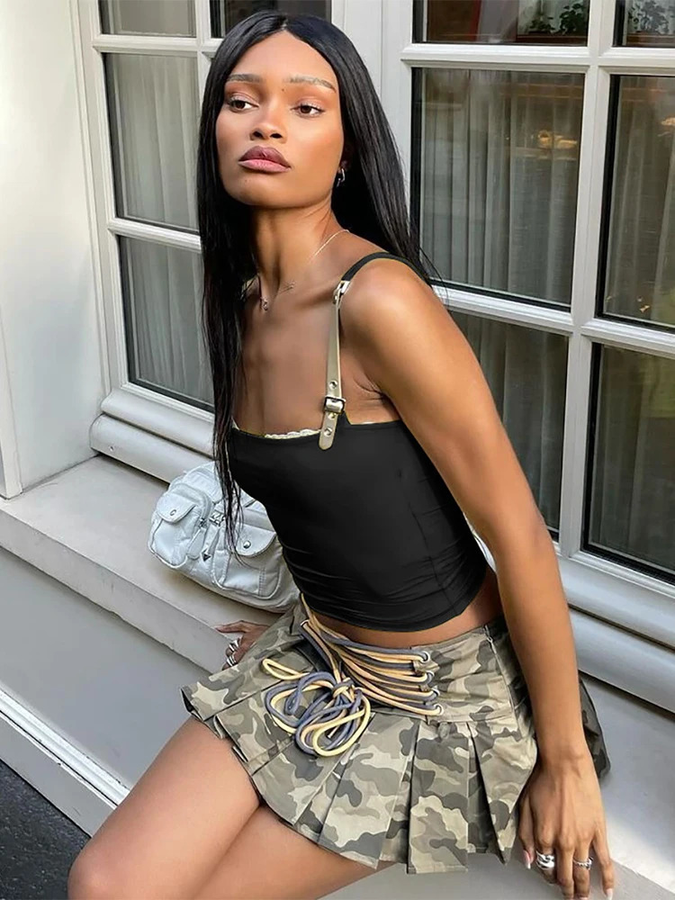 Trendix Girl sexy crop top street fashion sleeveless lace patchwork work vest womens Sprot casual adjustable shoulder strap 250407