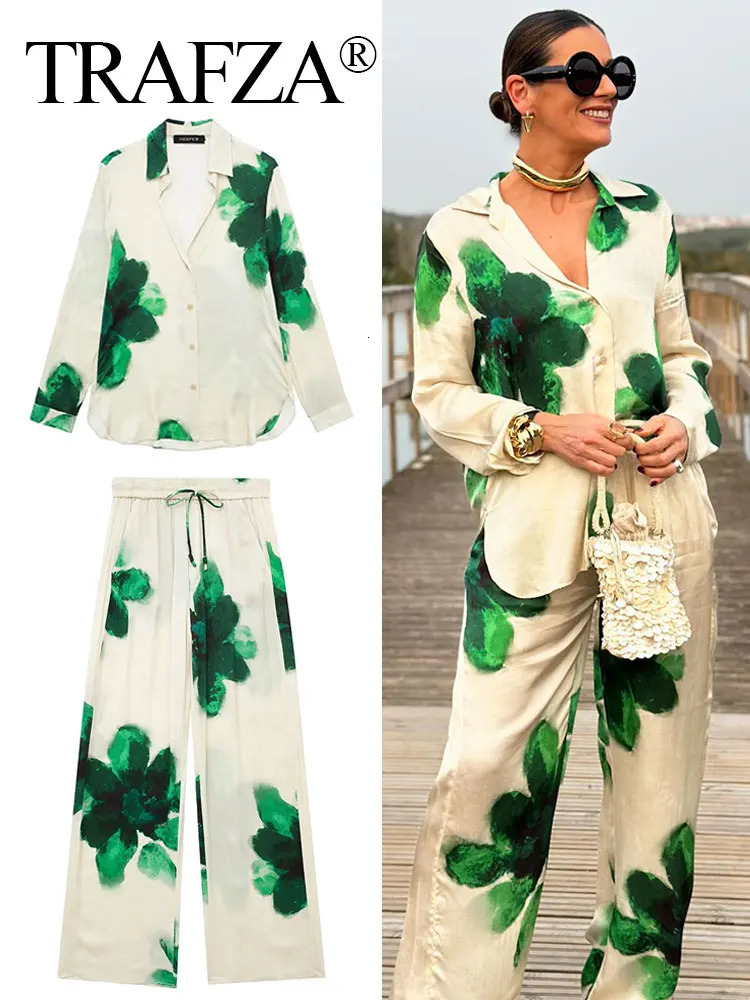 TRAFZA Womens Fashion Printed Shirt Pants Set Long Sleeve Collar Brushed Wide Leg Trouser Street Clothing 250313