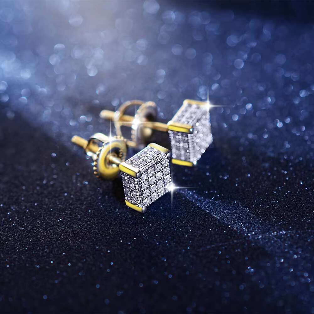 High Quality Luxury Jewelry Gold Plated Iec Out Zircon Diamond Screw Back 925 Sterling Silver Square Stud Earring for Men