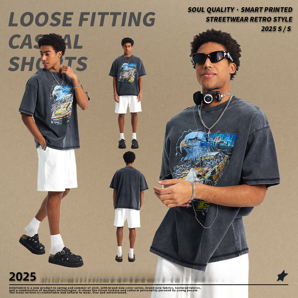 2025 Summer High Street Trendy Brand Loose Small Collar Wax Printed Sleeves, Made Old, Washed Men's Short T-Shirts