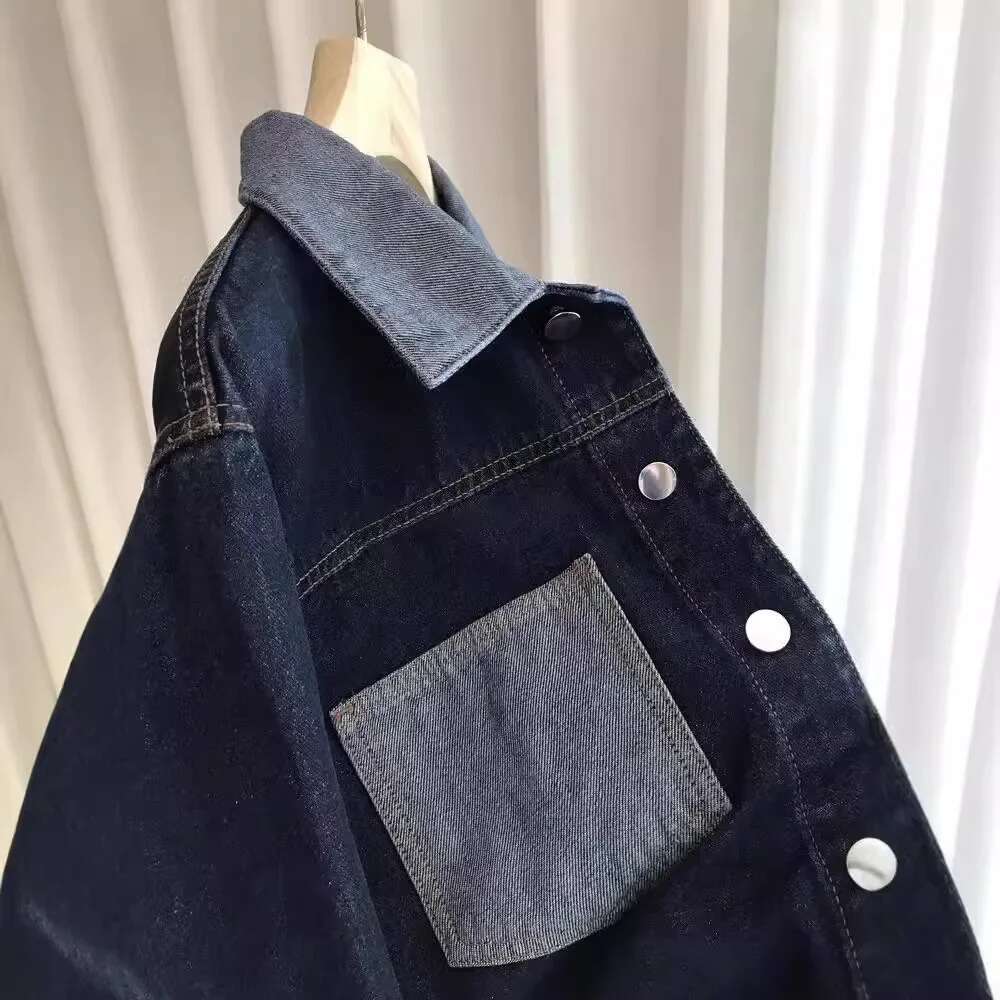 2024 New Style Women's Color Block Denim Jacket Loose Fit Casual Vintage Shirt Long Sleeve Deep Blue Outerwear Lapel