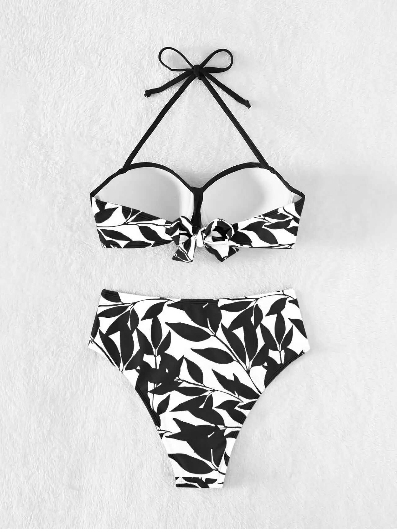 Dongdumaoyi Vintage Black Floral Print Bikini Set Women Halter Pleate Bow Push Up Bra High Waist Swimsuit Bathing Suit Holiday Swimwear
