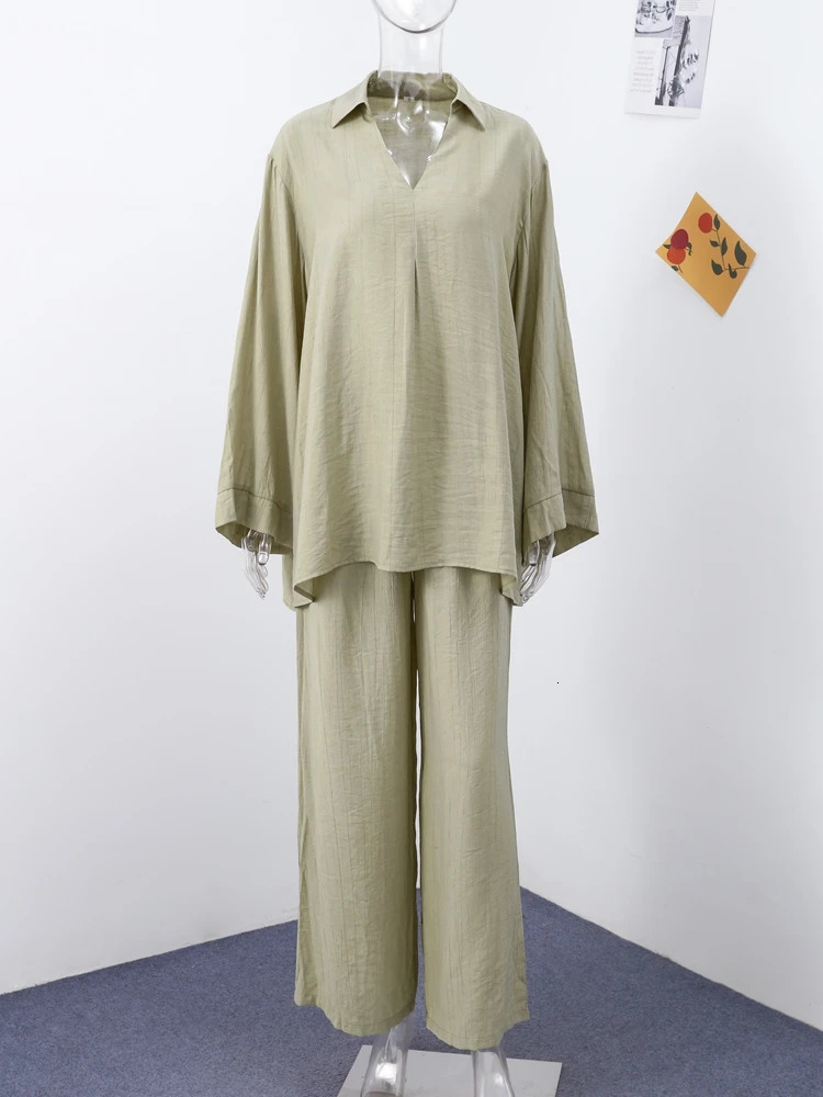 Casual Cotton Linen 2-piece Womens Loose Long Sleeve Shirt Wide Leg Pants Spring/Summer Solid Womens Clothing 250401