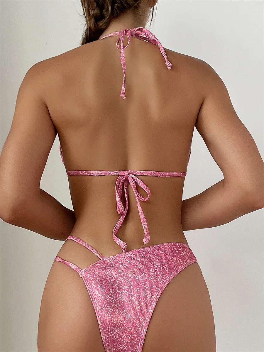 Dongdumaoyi Shiny Pink Bikini Mujer Swimwear Women Sexy Push Up Butterfly Designer High Waist Swimsuit Summer Bathing Suit Biquini