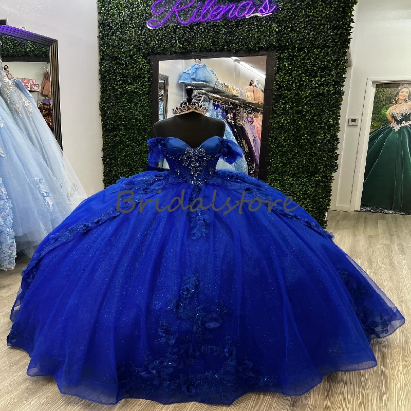 Gorgeous Royal Blue Quinceanera Dress 2025 Puffy Tulle Lace Flower Fifteen Formal Birthday Party Vestido De 15 Anos Xv Beaded Ball Gown Prom Dress