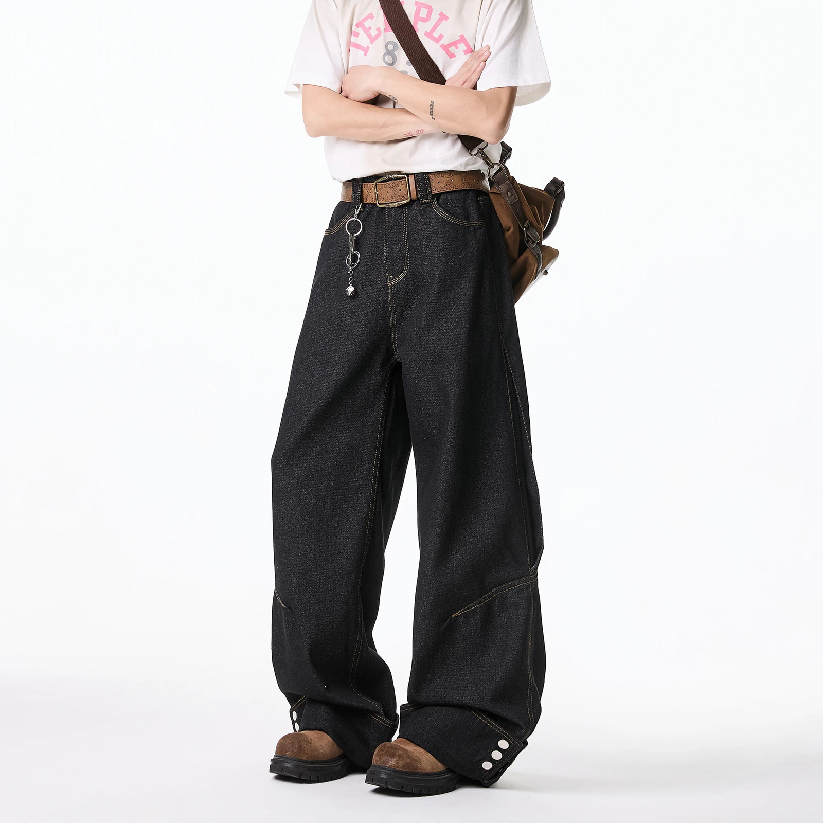 Floor jeans mens wide leg denim pants pockets low waist boyfriend jeans personalized loose fit jeans Cyber Grunge streetwear 250403
