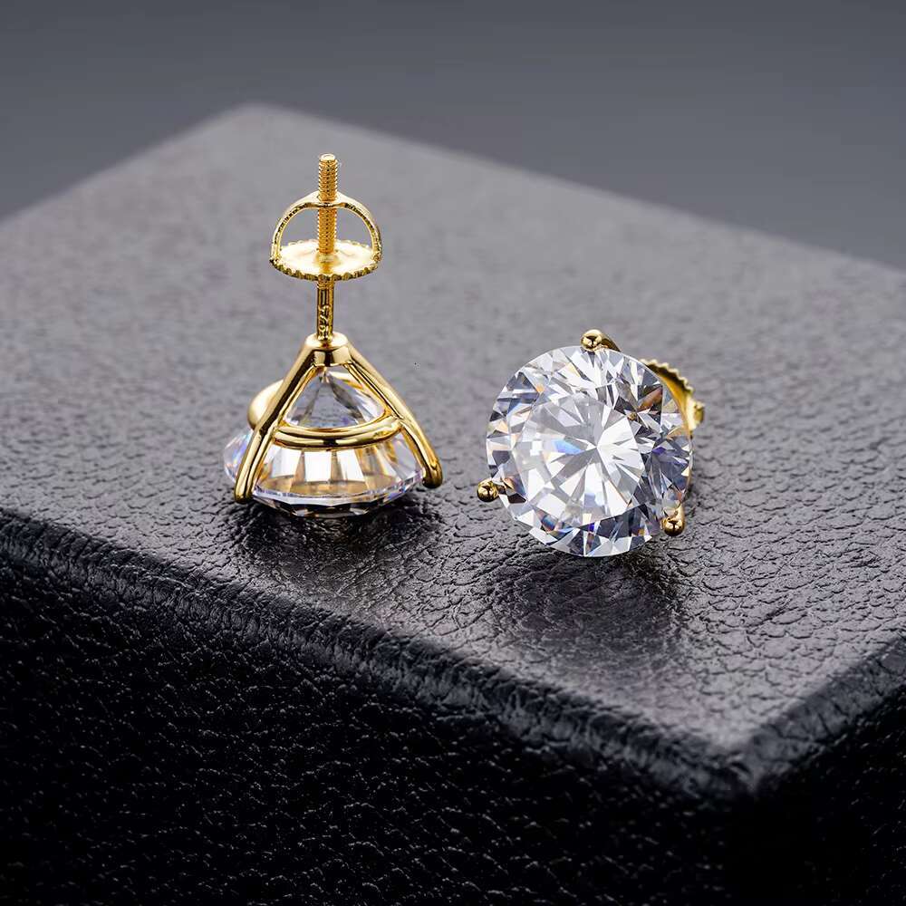Fine Hip Hop Iced Out 5A Zircon Diamond 3mm Yellow Gold Plated 925 Silver Round Screwed Backed Stud Earrings for Unisex