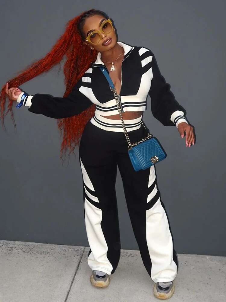 Kliou Striped Casual Women 2 Piece Set Matching Fall Long Sleeve Zip-Up Lapel Tops+Elastic Waist Straight Pants Mujer Tracksuits