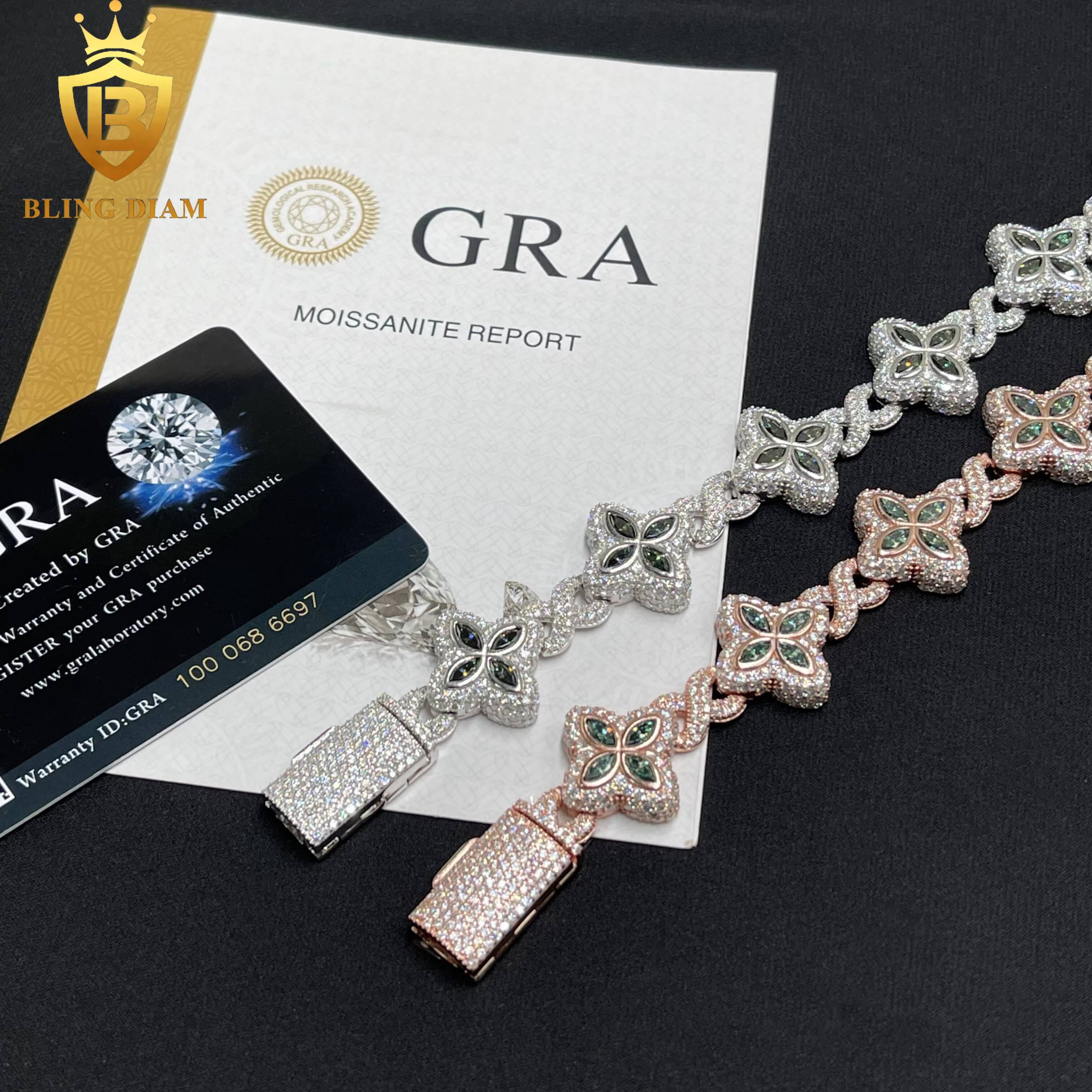 Hot Selling Design Hip Hop Jewelry Iced Out Marquise Cuban Link Chain VVS Moissanite Four-Leaf Clover 18mm Bracelet