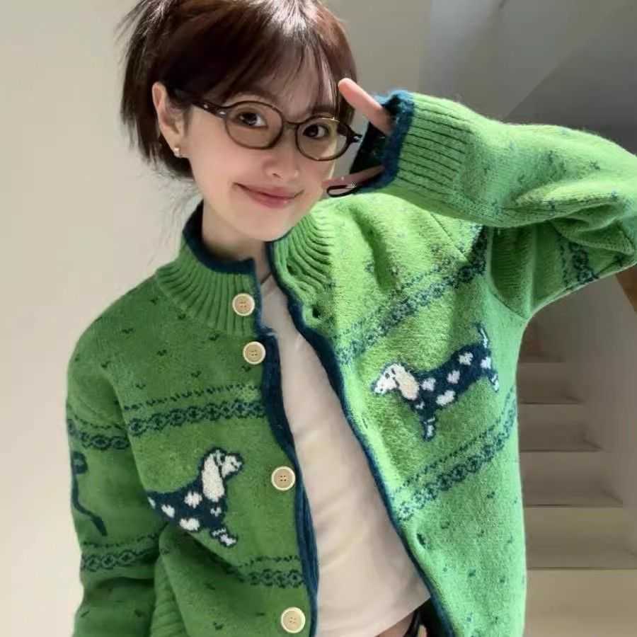 Christmas Green Sweater for Women 2025 Spring and Autumn Fair Isle Atmosphere Outfit Knitted Cardigan Coat W251107