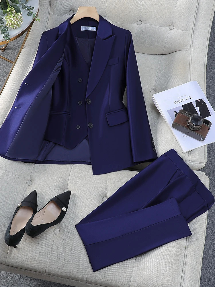 Autumn Winter Women Vest Blazer and Pant Suit Pink Navy Orange Office Ladies Business Work Career Wear Formal 3 Pieces Set 250401