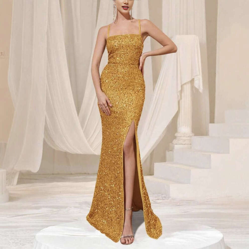 New Cross-Border Trade Women's High-Waisted Sexy Sequin Split Bridesmaid Dress Strap Evening Gown