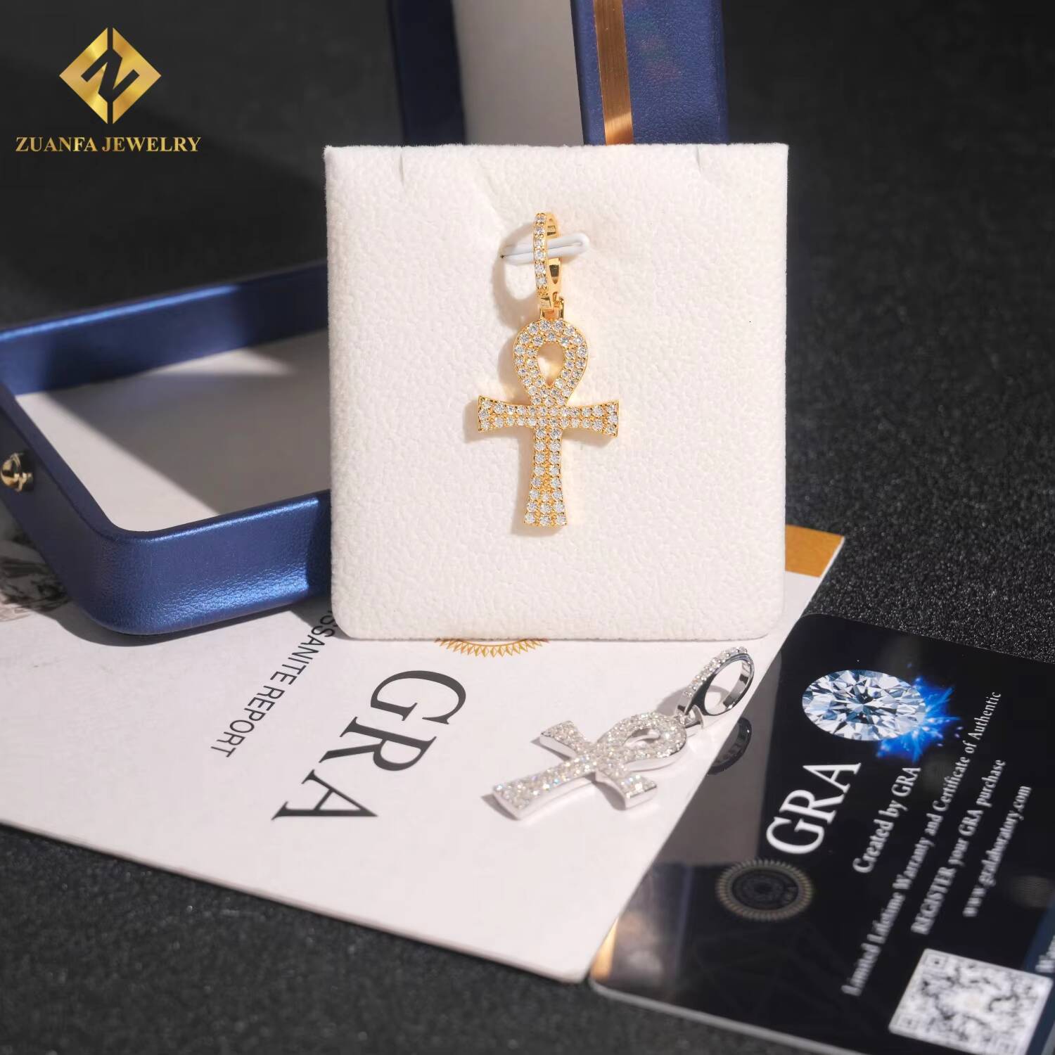 Luxury High-end S925 Sterling Silver VVS Moissanite Ankh Cross Pendant Rope Chain Pendant