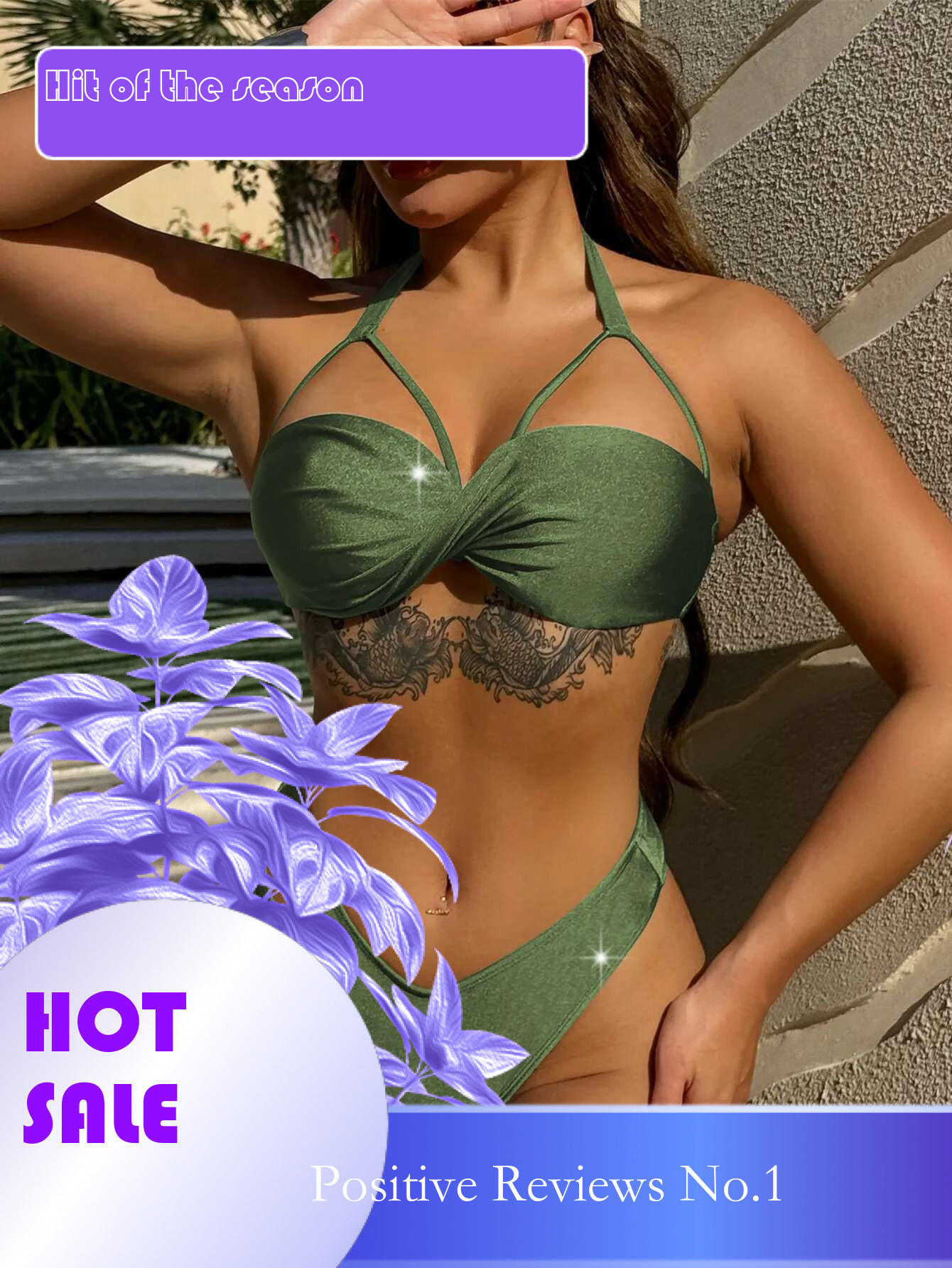 Dongdumaoyi Sexy Green Bikini Women Halter Cut Up Cross Backless Push Pad Swimsuit Beach Bathing Suit Hollow Out High Waist Swimwear