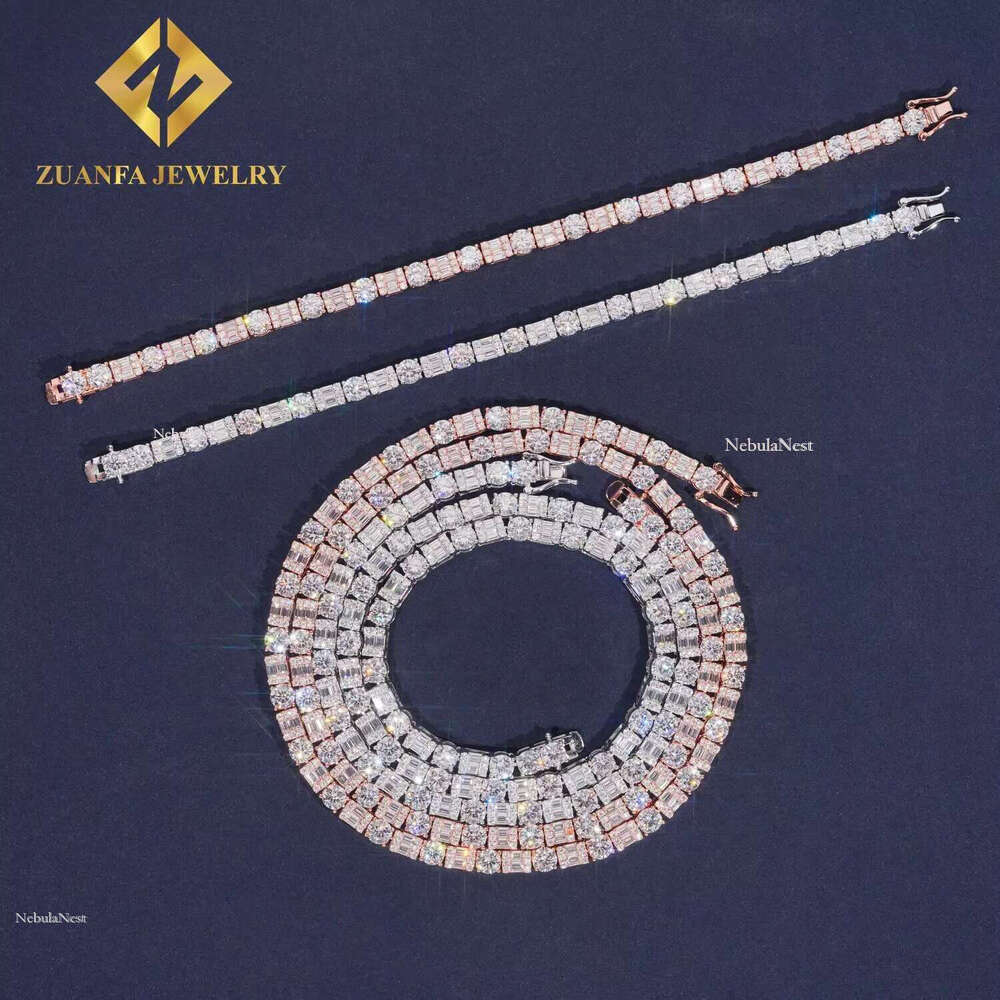 Iced Out Baguette Dia Sier Men Women Choker Trendy Moissanite Tennis Chain Necklace6mm
