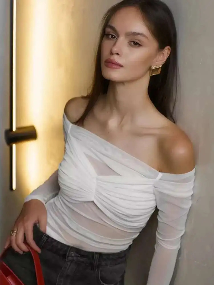 Fantoye sexy see through mesh womens Tshirt white long sleeved shoulder pleated summer ultrathin casual outdoor street clothing 250407
