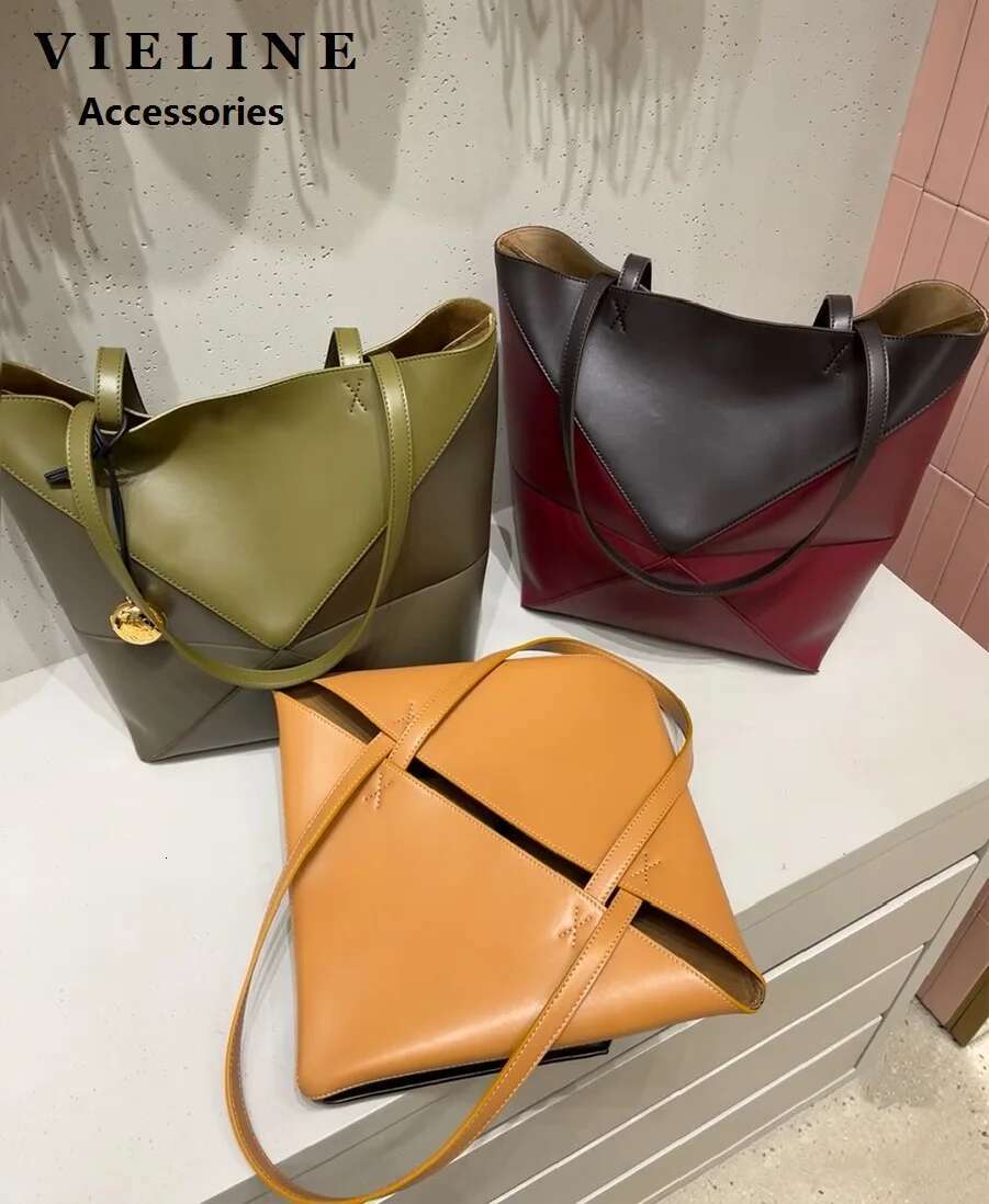 VIEE Genuine Leather Folded Tote Large Capacity Shopping Handles Shoulder Bag Ladies Portable Handbag