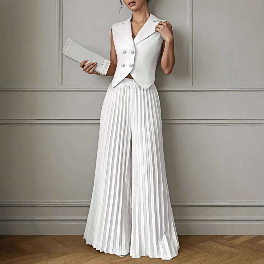 2025 Women's Cross-Border New Fashion Vest Pleated Skirt Two-Piece Set Long Pants Suit for Women