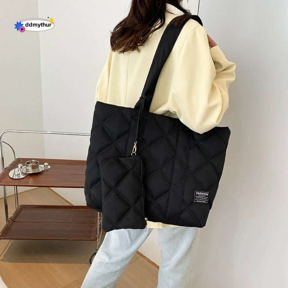 Women Handbag Fall Winter Fashion Rhombus Space Cotton Suit Shoulder Large Capacity Solid Color All-Match Shopping Tote Bag ddmythur