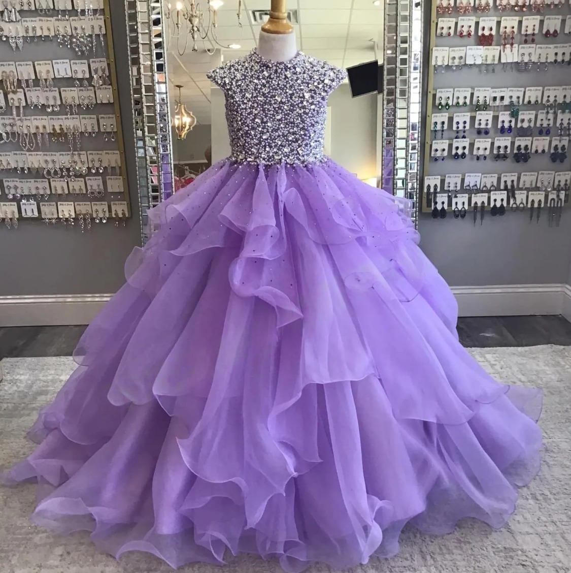 High Neck Girl Pageant Dress 2026 Cap Sleeves Ballgown Crystals Ruffled Organza Kids Birthday Formal Party Gown Toddler Teens Preteen Little Miss Hand