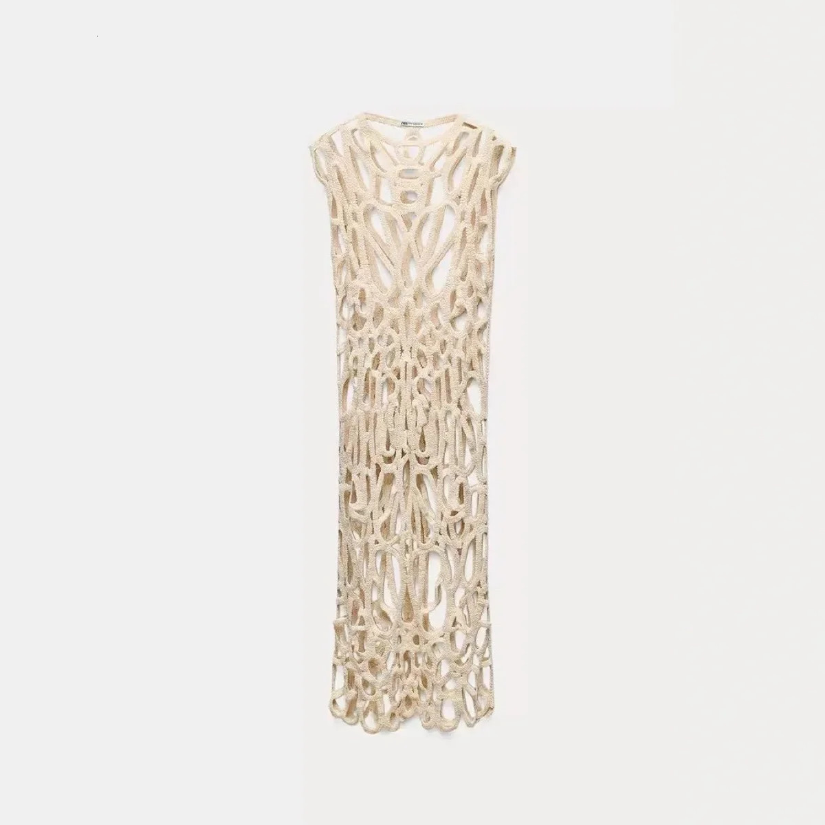 Sexy diamond hole knitted cotton thread crochet Midi dress sleeveless hook knitted 90-135 pounds Z Home 250402